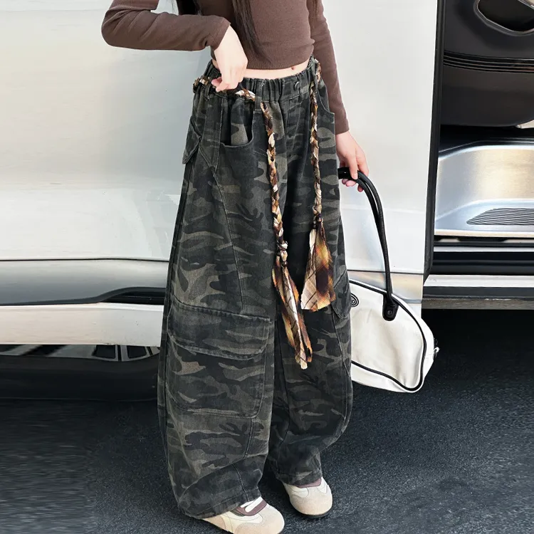 女童网红复古迷彩工装裤2025女大童时髦阔腿裤春秋休闲酷飒直筒裤