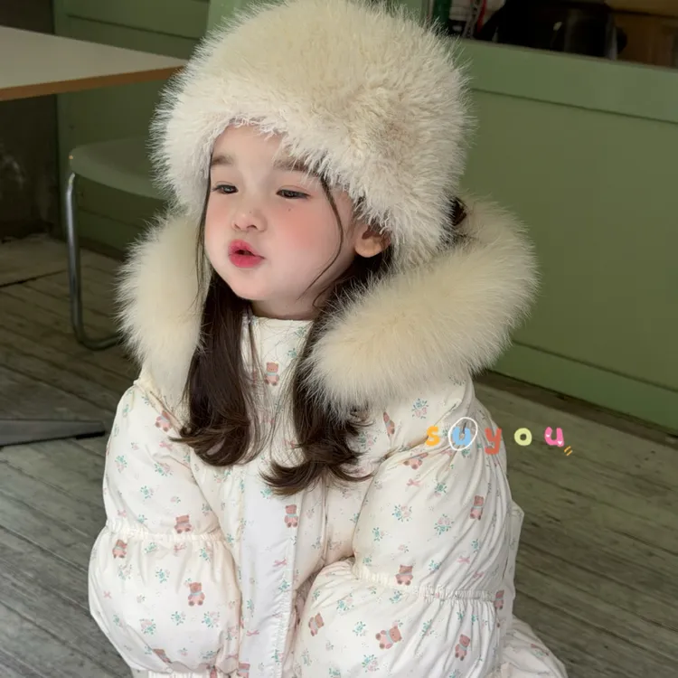 苏右2025冬季新款童装女童小童可爱精灵帽中长款大毛领羽绒服外套