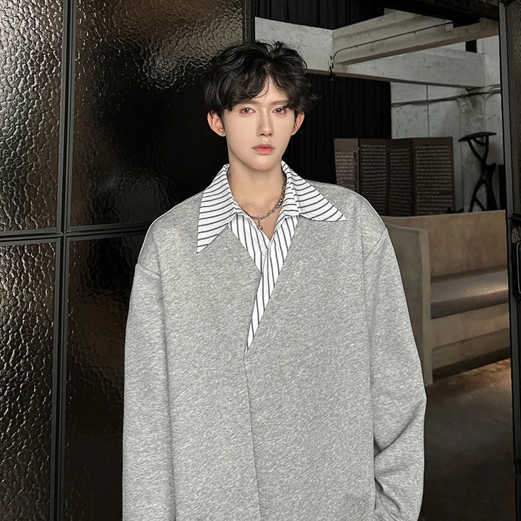 美式假两件套头卫衣男女款2025春秋季新款牌宽松青少年衬衫领上衣