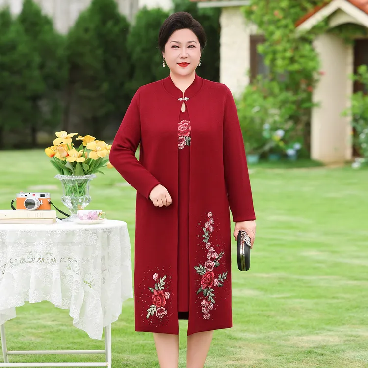 大码秋装针织连衣裙妈妈加肥加大阔太太气质假两件中式裙子送婆婆