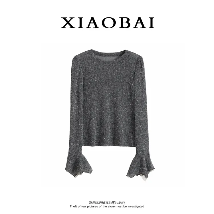 XIAOBAI长袖减龄漂亮洋气雪纺衫女秋季荷叶袖T恤打底衫上衣