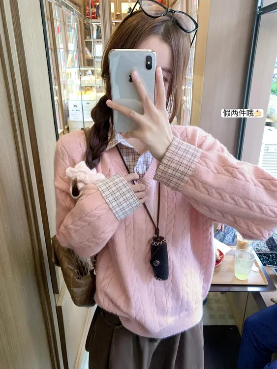 【现货】韩系麻花粉色假两件毛衣女秋冬衬衫拼接内搭针织衫上衣