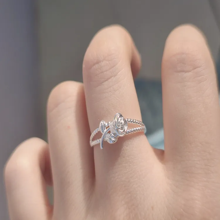 足银戒指 990纯银简约轻奢玫瑰花戒指女时尚众森系开口可调节
