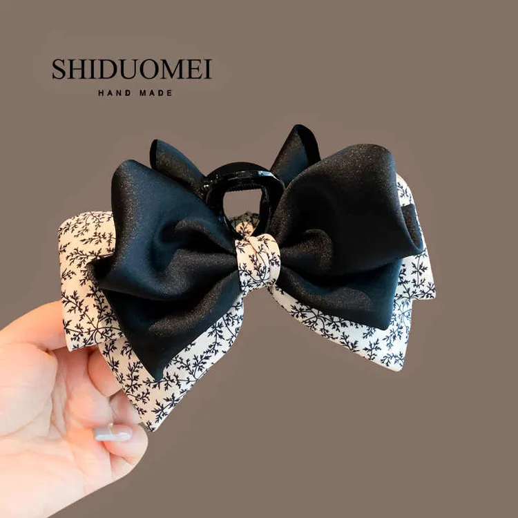 缎面高级感碎花蝴蝶结抓夹女2025年新款百搭后脑盘发鲨鱼夹马尾夹