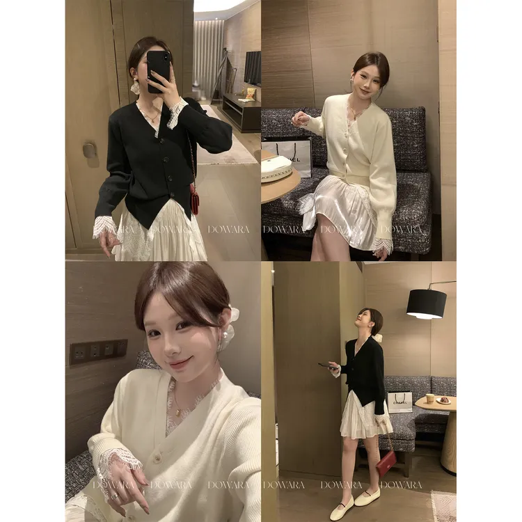 现货大婉酱微胖定制【花间酒】设计感蕾丝毛织上衣秋时髦开衫2659D