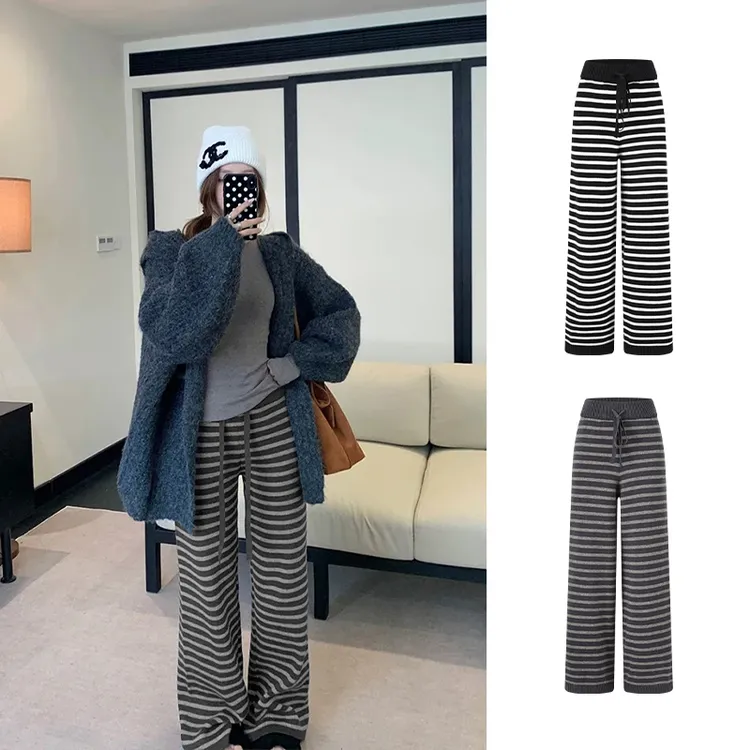 Moses Queen/魔西女王松弛感撞色条纹阔腿裤抽绳慵懒休闲拖地裤女