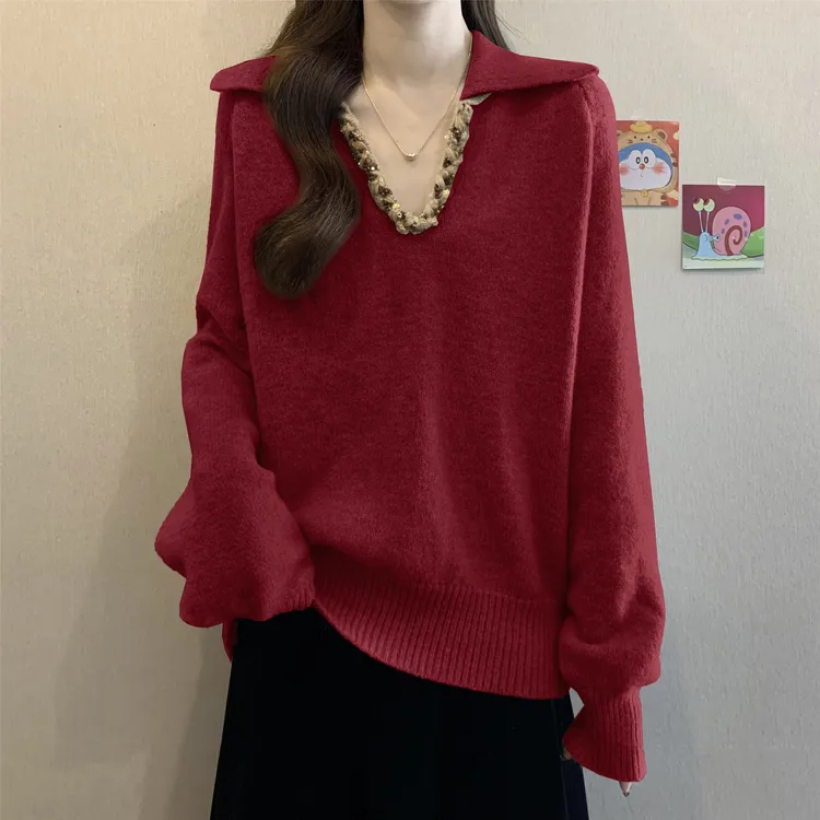 奶呼呼软糯红色毛衣女秋冬2025大码胖mm设计感百搭亮丝V领针织衫