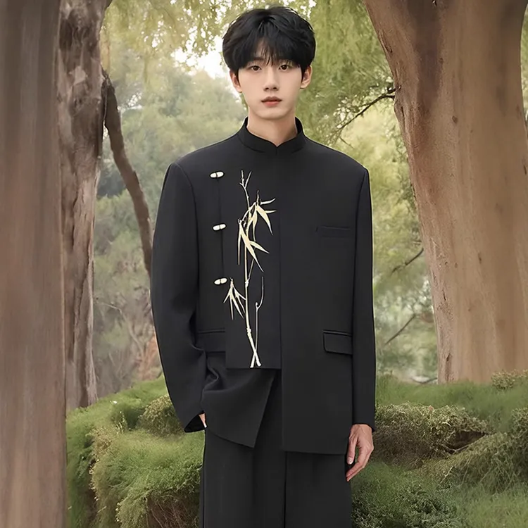 新中式男士礼服订婚礼不规则西装套装国风立领金竹刺绣中山装西服