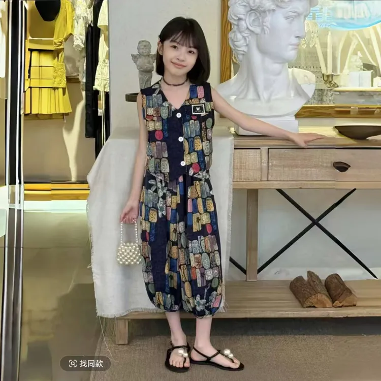 女童夏装套装2025新款无袖上衣儿童灯笼裤中大童印花两件套洋气