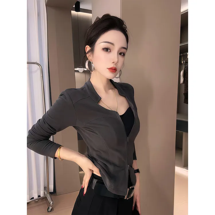 纯欲辣妹风立领双拉链长袖T恤女早秋新款修身显瘦高级感正肩上衣