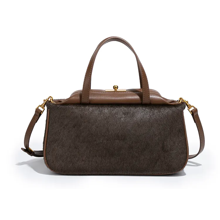 【高定】小众设计款马毛轻奢手提方包夹子包斜挎包H2463-咖啡