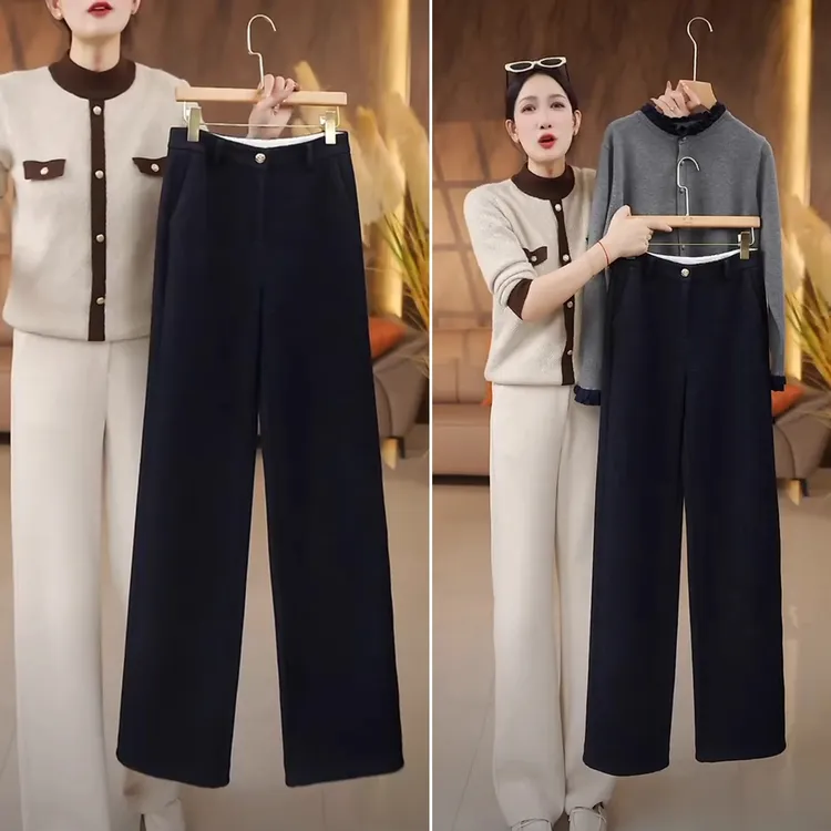 醋酸羊毛裤子女秋冬阔腿裤宽松慵懒风垂感显瘦休闲裤窄版直筒长裤