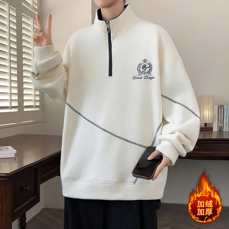 冬季青少年奥粒绒男士卫衣学院风百搭潮流学生加绒加厚保暖打底衫