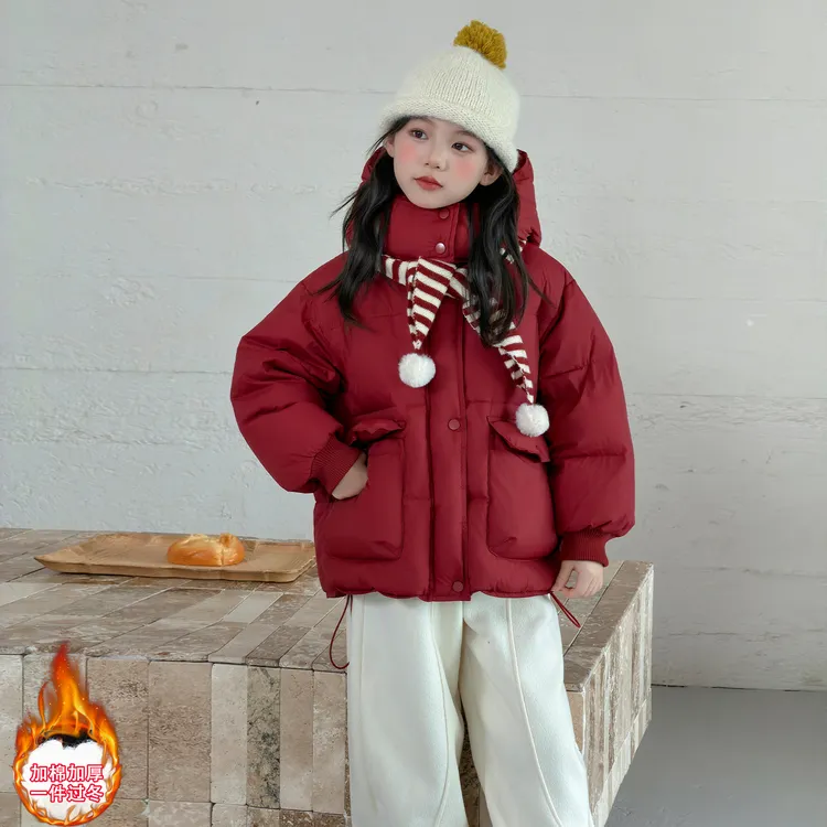 女童红色连帽棉服2025新款儿童冬装加厚棉衣中大童女孩新年服棉袄