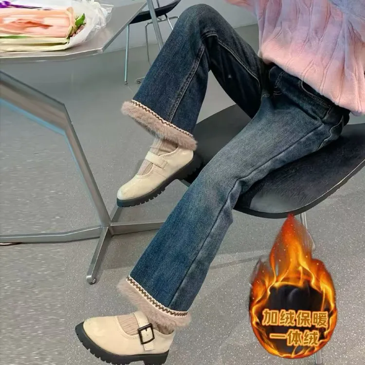 童装女童加绒牛仔裤2025秋冬款中大童一体绒弹力喇叭裤子修身长裤