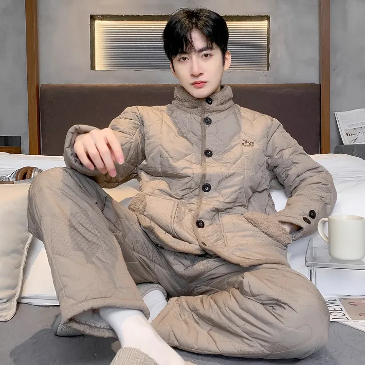 【抗静电】睡衣羽绒夹棉冬季立领加绒加厚三层男士家居服套装可外穿