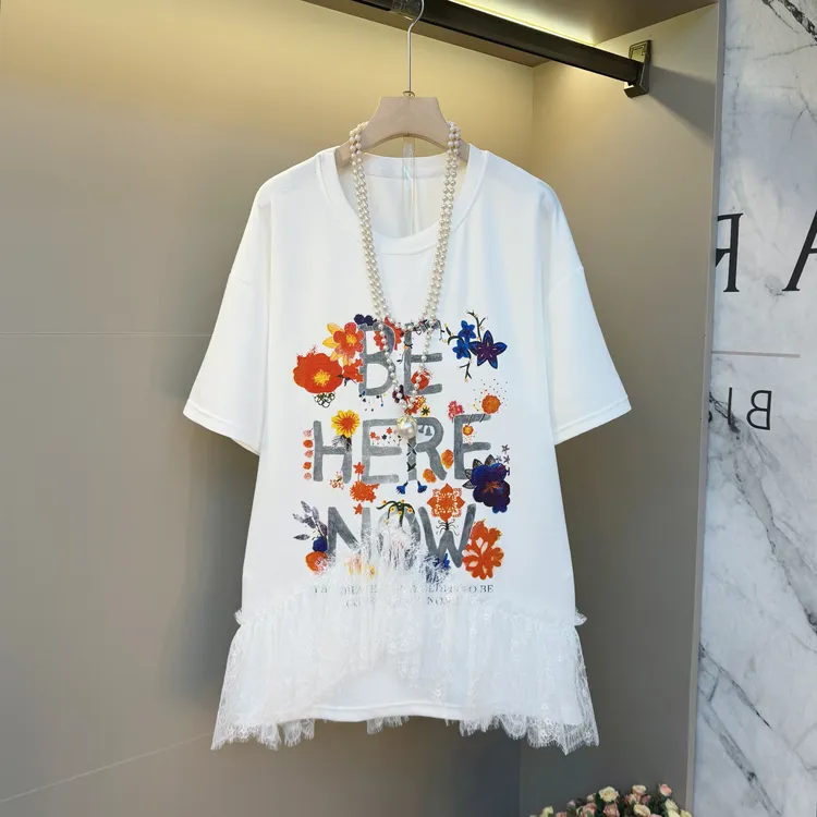 2025夏复古花卉字母涂鸦设计蕾丝拼接韩系宽松潮流百搭显瘦上衣 