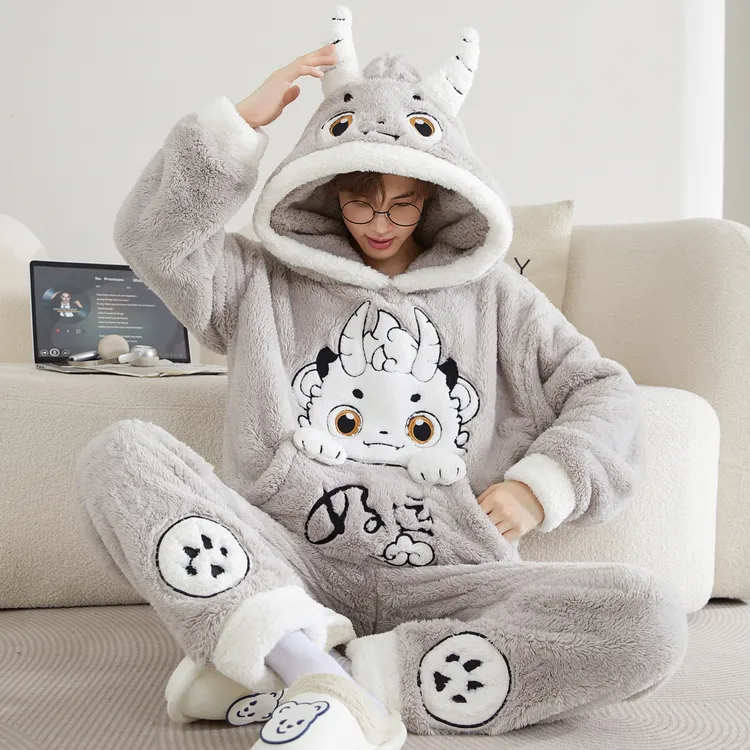 男士睡衣男冬季加厚加绒珊瑚绒秋冬季可外穿家居服套装青少年卡通