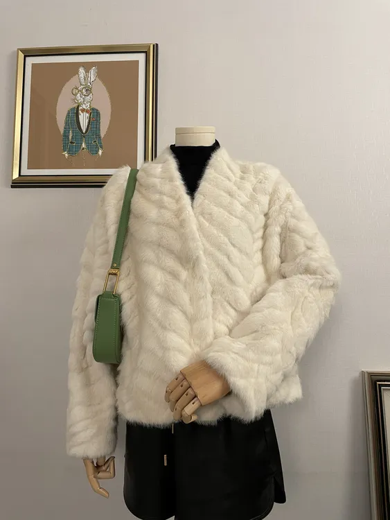人造皮草 【金叶貂】V领高仿皮草外套秋冬加厚通勤保暖外套