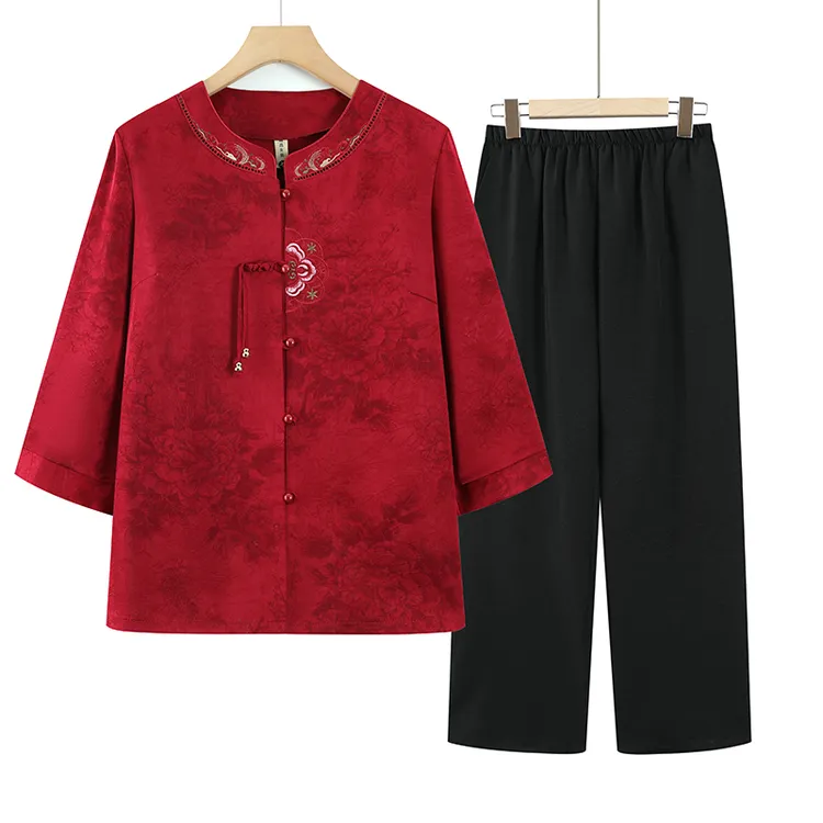 中老年妈妈夏季衬衣奶奶夏装两件套老人衬衣裤子老太太衣服国风款