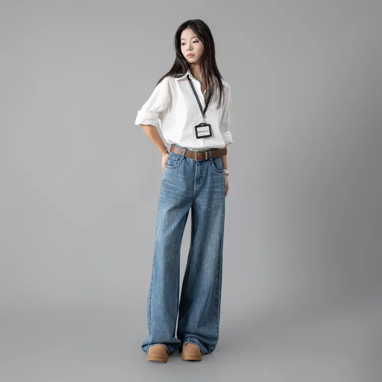 秋冬高腰阔腿裤牛仔裤女拖地裤显瘦2025年新款烫钻印染银光长裤子