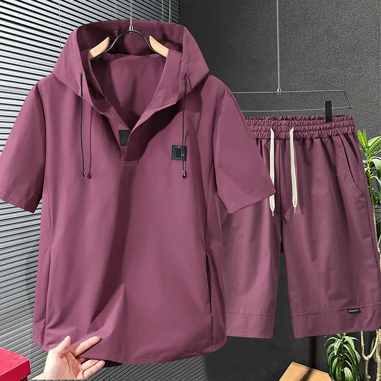 连帽速干加肥加大码男装短袖套装潮流宽松休闲裤胖子两件套男装大