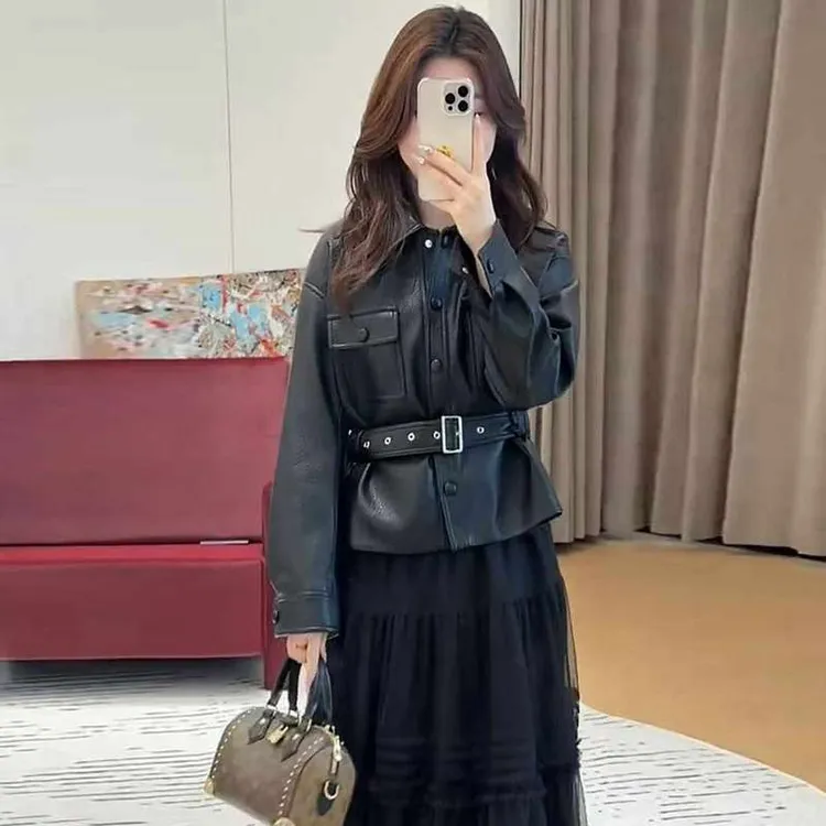 复古皮翻领甜酷风收腰短皮衣外套女2025春新款时尚夹克机车上衣