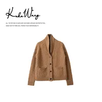 KOKO WANG秋冬慵懒风400克重100羊毛绞花翻领针织开衫X4225K14W45