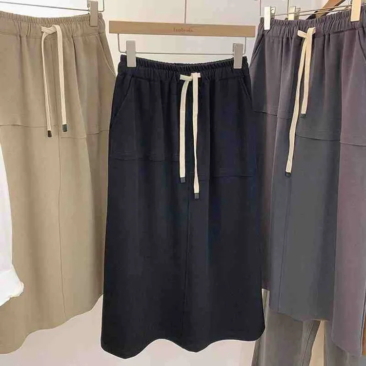 胖mm特大码300斤高腰抽绳口袋半身裙女秋冬宽松遮肉百搭直筒裙潮2