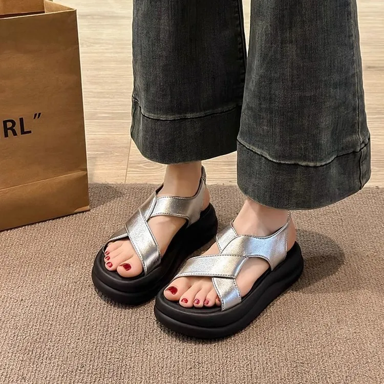 高跟新款露趾魔术贴PU帮面松糕底时尚厚底拖鞋平底鞋女款德训鞋
