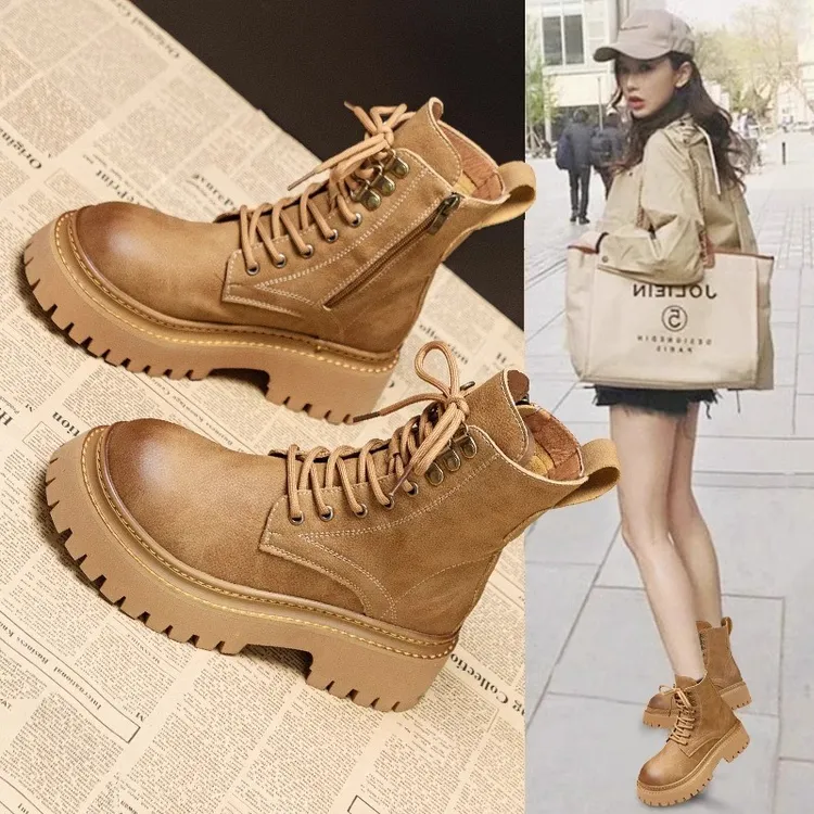 粗跟马丁靴女2024秋冬新款英伦风软皮爆款加绒短靴厚底增高机车靴