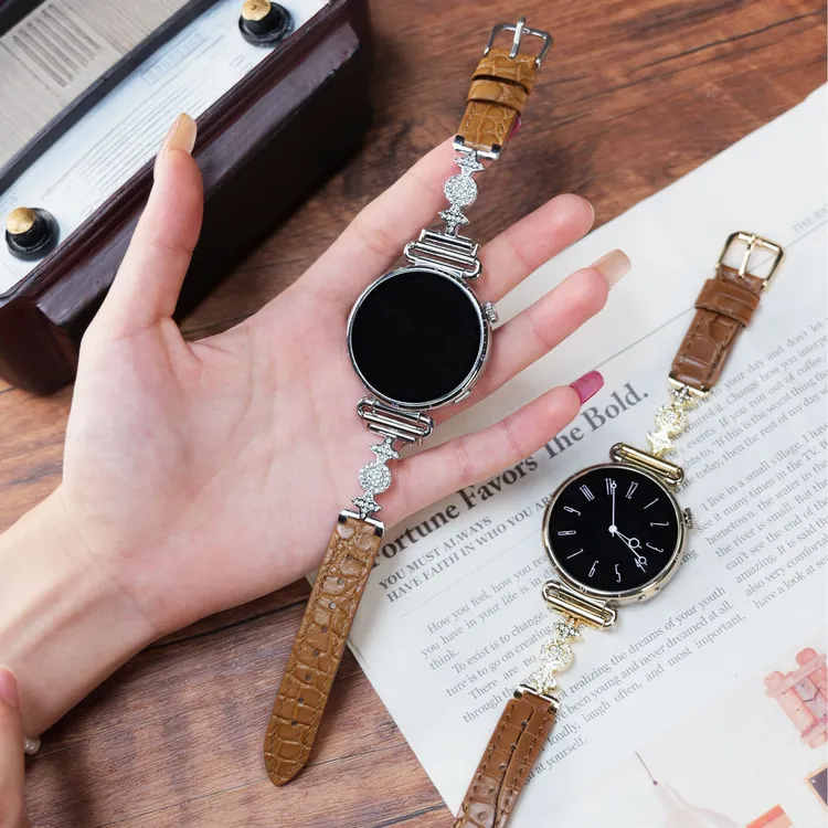 天芒星真皮表带适用华为gt6手表带女款金属镶钻GT5表带18MM通用