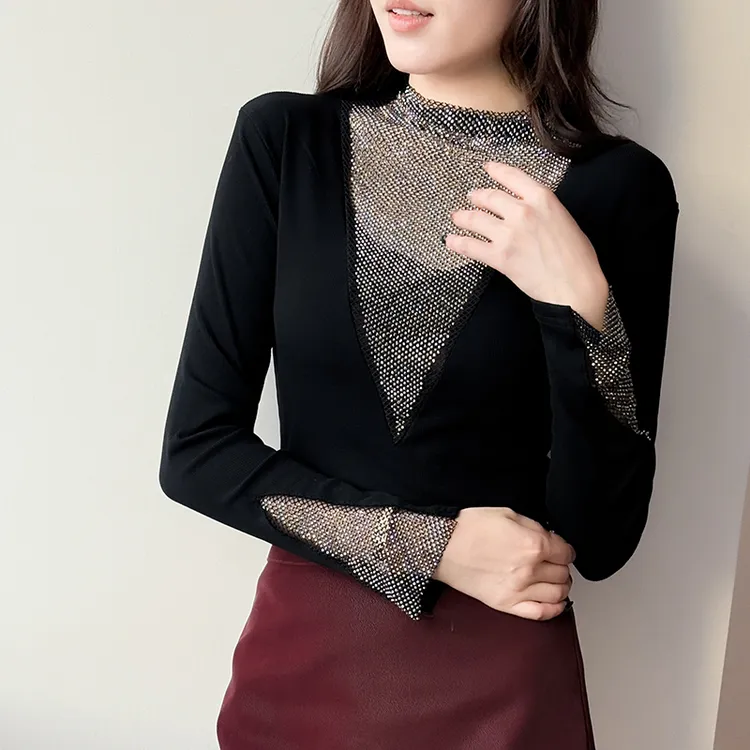 磨毛半高领设计感长袖上衣2025秋季新款烫钻纯色百搭T恤显瘦小衫