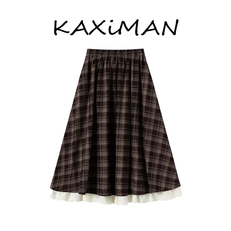 复古咖色格子秋冬半身裙女a字美拉德长款大摆裙蕾丝花边拼接半裙