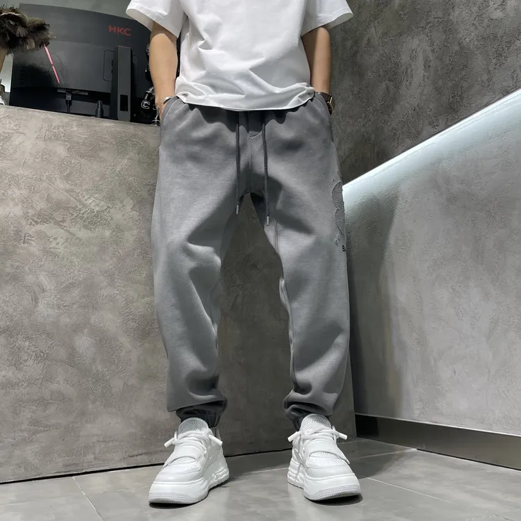 秋冬重磅洗水烧花工艺男士纯色束脚裤百搭宽松潮流韩版休闲裤长裤