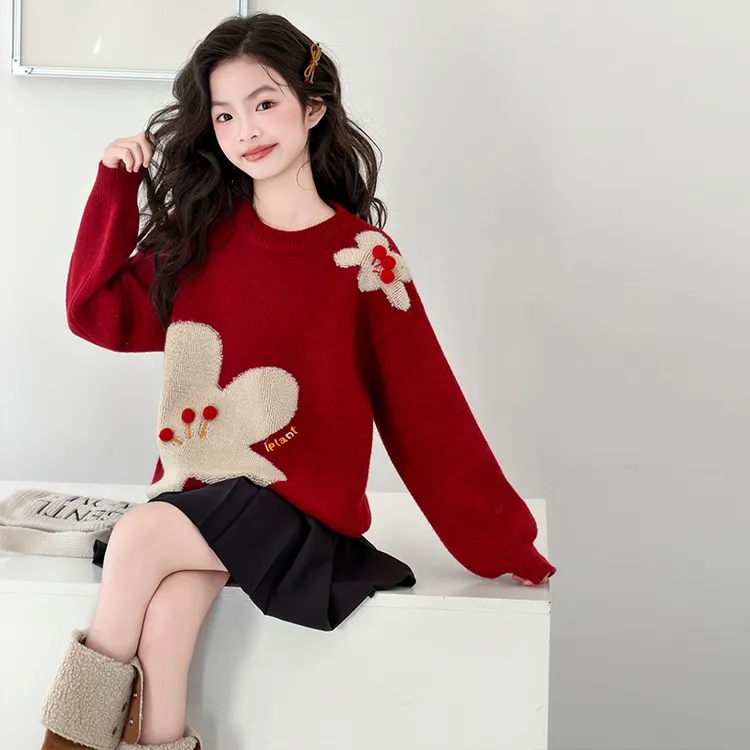 女童红毛衣立体花朵喜庆洋气2025新款中大儿童加厚针织衫宽松时髦