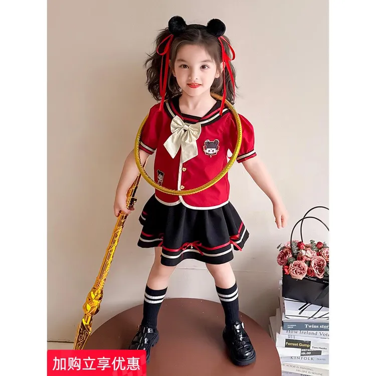 巴拉优选女童连衣裙夏装2025新款洋气儿童学院风套装小女孩红色短