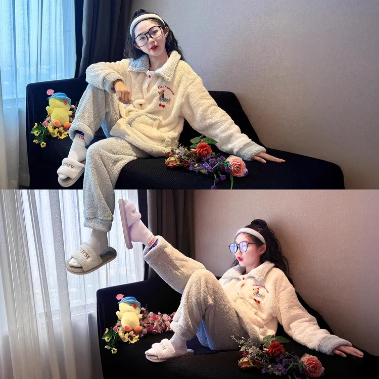 儿童珊瑚绒睡衣2025新款女大童冬装保暖家居服套装初中生加绒加厚