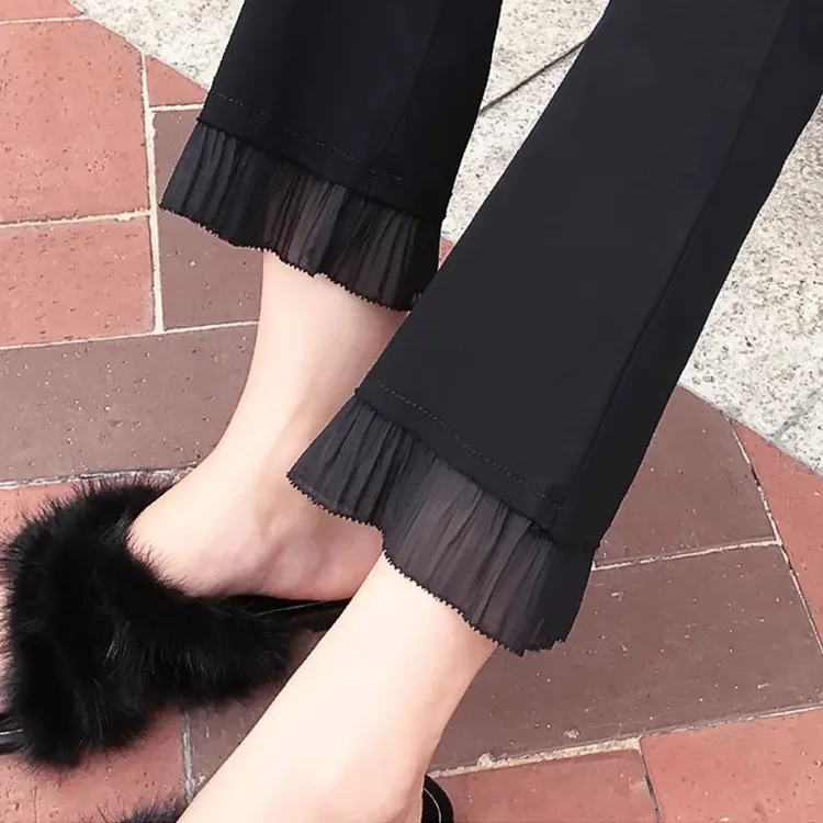 氛围感拉满~雪纺拼接微喇叭裤女高腰九分裤垂感八分小个子休闲裤