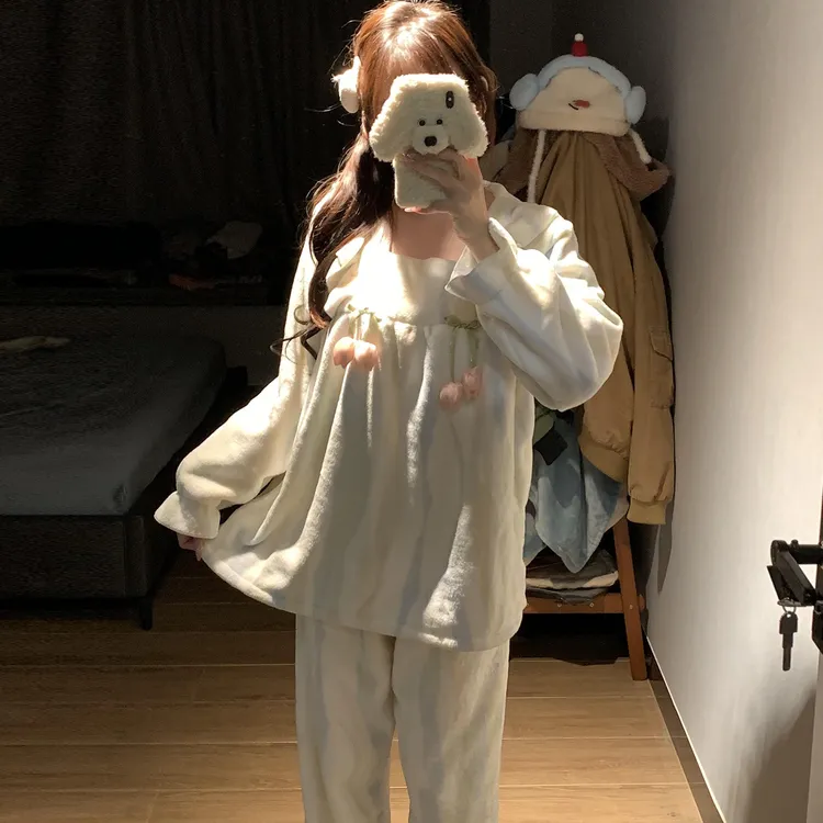 珊瑚绒睡衣女秋冬季大码加厚保暖公主风法兰绒粉花麦穗套装家居服