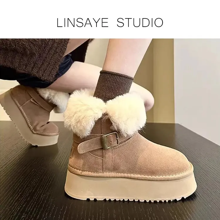 明星同款冬羊皮毛一体加绒加厚短筒棉靴爆款保暖棉鞋厚底雪地靴