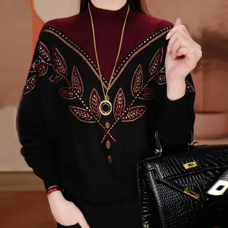 2025时尚秋冬洋气烫钻减龄圆领针织衫女保暖显瘦百搭长袖毛衣上衣