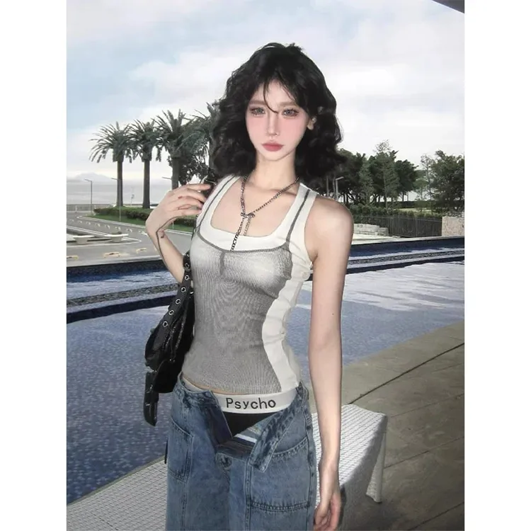 美式复古吊带女夏季辣妹印花背心小众修身收腰显瘦纯欲风短款上衣