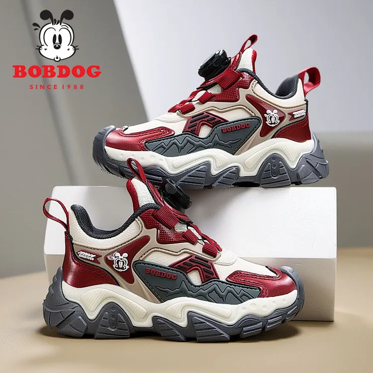 巴布豆男童鞋子皮面加绒二棉2025秋冬新款时尚旋转纽扣儿童运动鞋