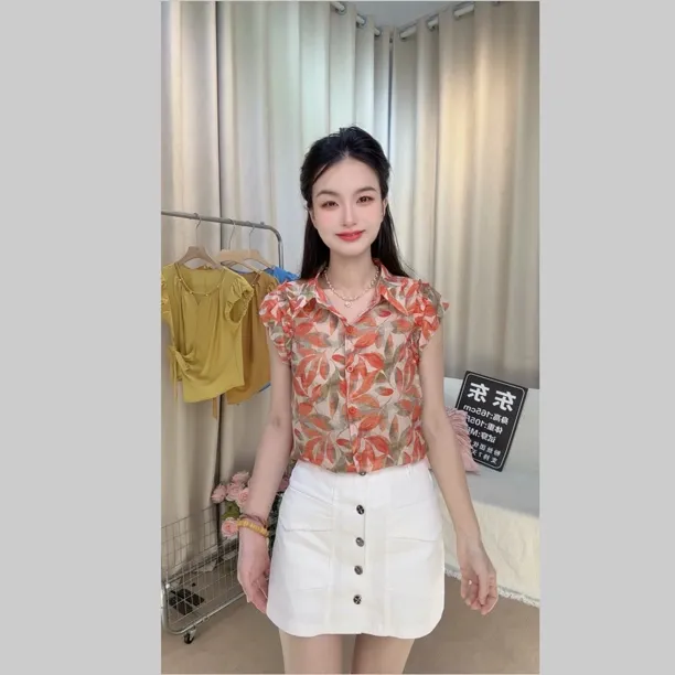 【东东】夏季女士复古港风碎花衬衫设计感天丝上衣女