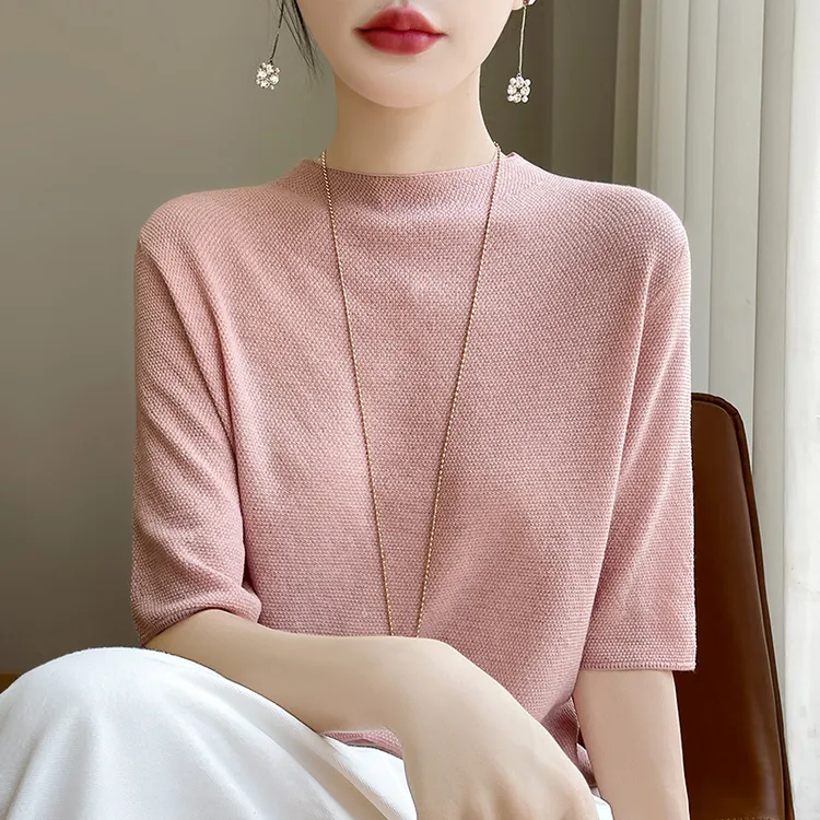 精纺羊毛短袖女士半高领纯色针织半袖套头毛衣气质百搭打底T恤衫