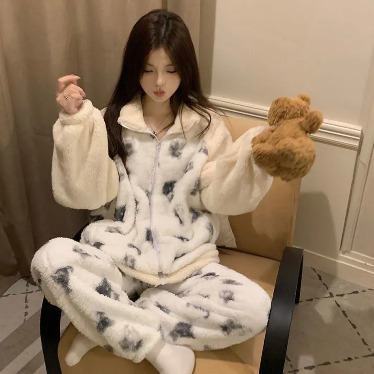 秋冬季珊瑚绒软绵绵小猫咪长毛绒开衫拉链睡衣女可外穿家居服套装