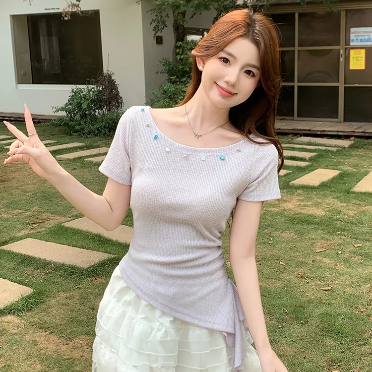 荷叶边短袖夏季方领纯棉短袖T恤锁骨圆领短款打底衫百搭不规则t恤