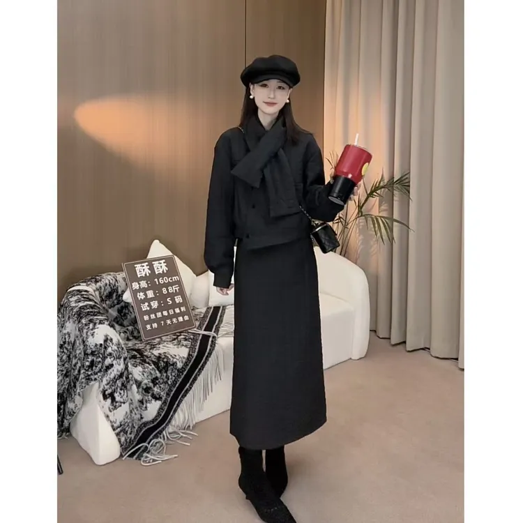 冬季新款小众设计感套装3161夹棉外套+半身裙+围巾通勤三件套