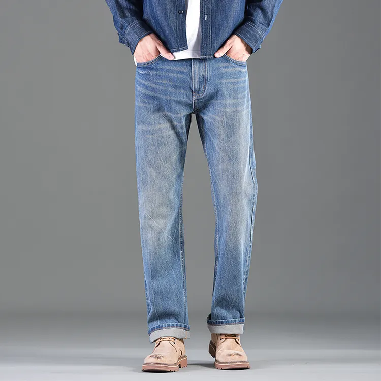 赤耳丹宁扎花水洗13.2oz全棉无弹宽松直筒牛仔裤 CH5007